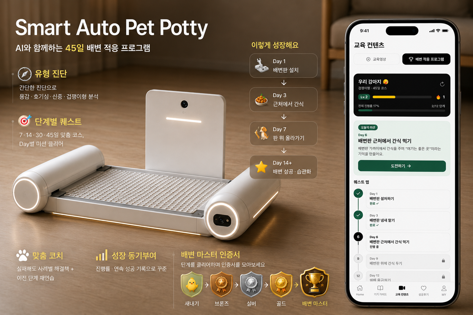 배변 적응 프로그램 — 유형 진단, 단계별 퀘스트, 맞춤 코치, 배변 마스터 인증서